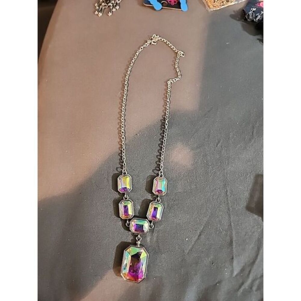 Elegant AB Rhinestone Y Drop Necklace Silver Tone Shimmery